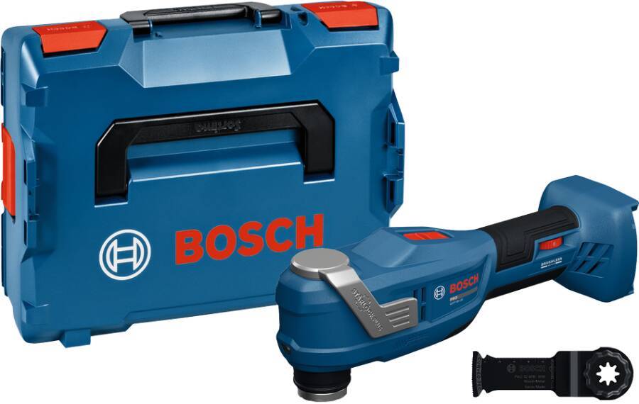 Bosch kabelloses Oszillations-Multitool mit Transportkoffer, gezeigt mit Akku und Zubehör auf weißem Hintergrund.