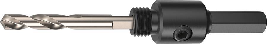 Metallischer Bohrer mit schwarzem Schnellwechsel-Sechskant-Halter-Adapter, auf weißem Hintergrund dargestellt.