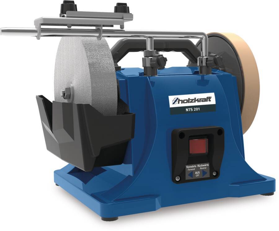 Blue Holzkraft NTS 201 Schleifmaschine mit zwei Schleifsteinen, Werkzeugauflagen und einem vorderen Ein-/Ausschalter.