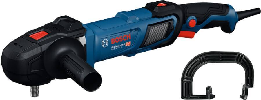 Bosch Professional Winkelschleifer mit Seitengriff und Spannzubehör auf weißem Hintergrund.