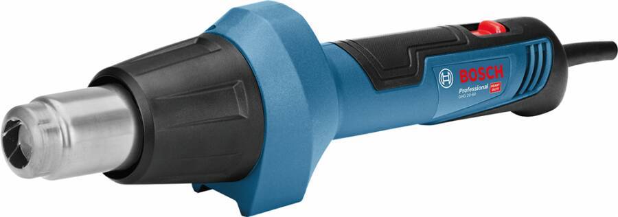 Blau-schwarze Bosch-Heißluftpistole mit rotem Schalter und Metallaufsatz, seitlich auf weißem Hintergrund dargestellt.