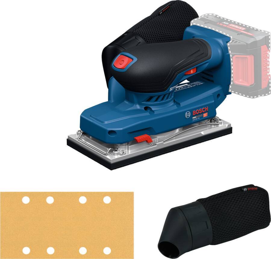 Bosch kabelloser Handschliff mit Staubsack und Schleifblatt auf weißem Hintergrund abgebildet.