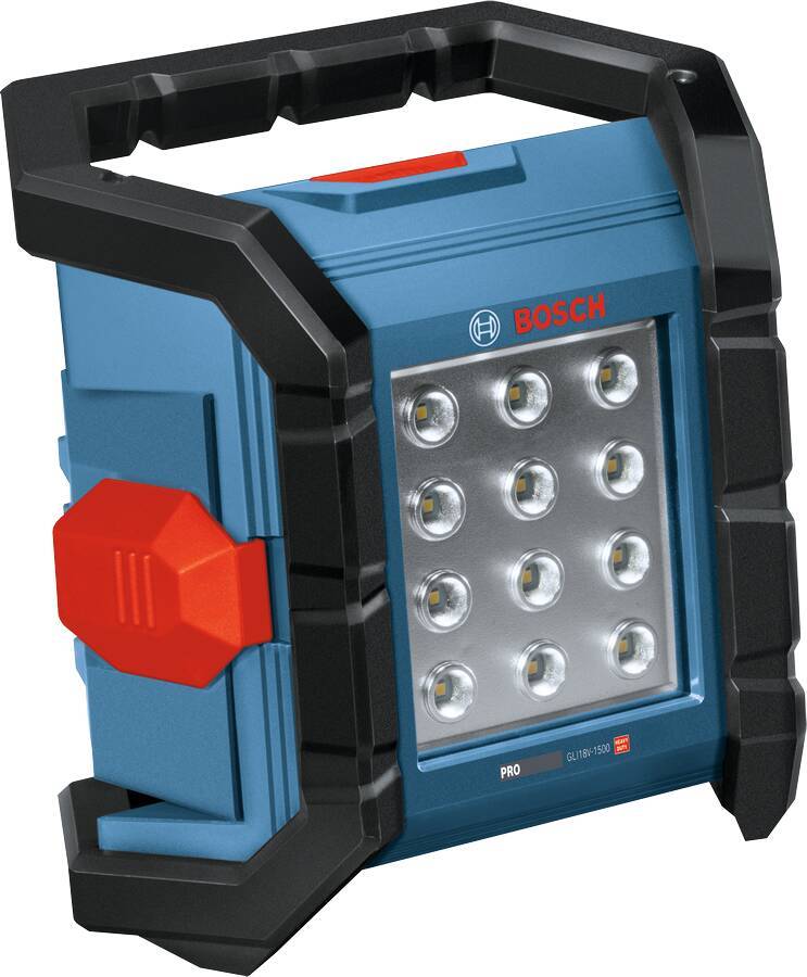 Bosch tragbare Arbeitsleuchte mit Griff und 12 LED-Lampen in robustem blau-schwarzem Gehäuse.