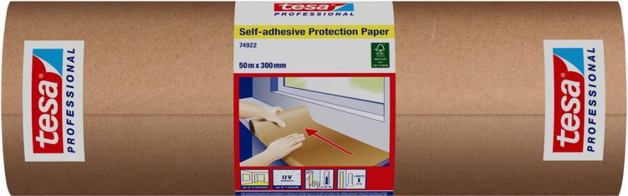 Eine Rolle tesa Professional selbstklebenstes Schutzpapier, 50 m x 300 mm, in brauner Verpackung mit Etiketten an beiden Enden gezeigt.