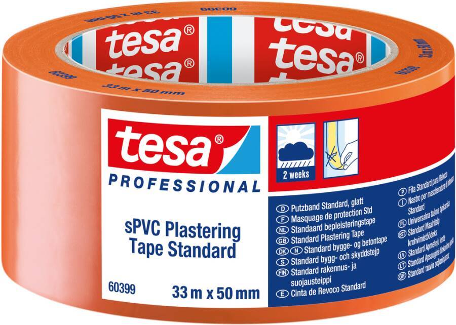 Orange-Rolle tesa Professional sPVC Verputzband Standard, gekennzeichnet mit 33 m x 50 mm, mit Symbolen für 2-wöchige Verwendung und Maskierung auf der Verpackung.