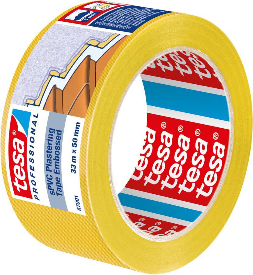 Rolle gelbes tesa Profi-Abklebeband, mit der Bezeichnung „Spachtelband geprägt
