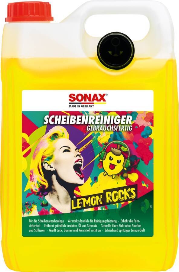 Gelber Sonax-Scheibenreinigerkrug mit rotem Verschluss und Griff, beschriftet mit „SCHEIBENREINIGER