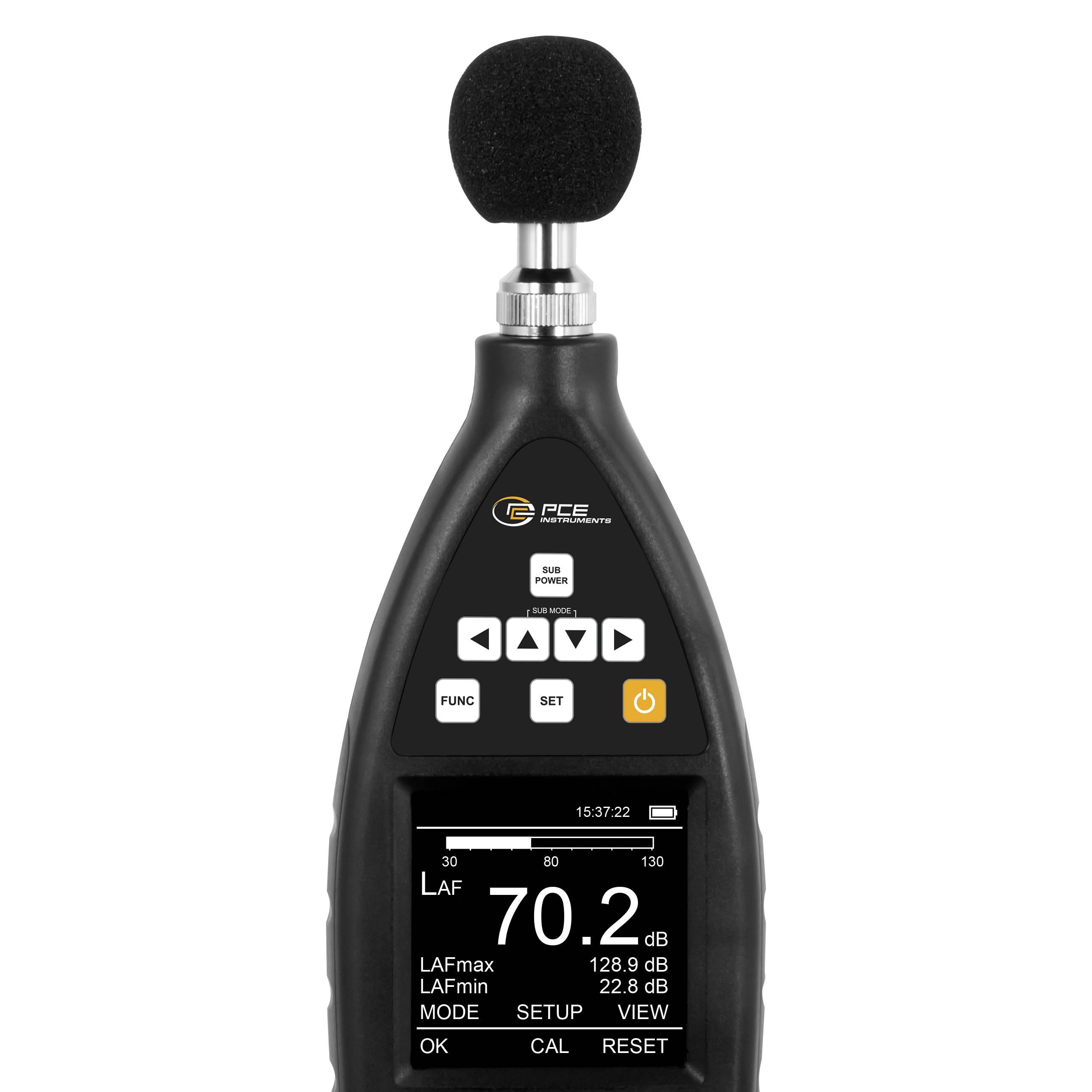 Tragbares Schallpegelmessgerät mit Schaummikrofon, das auf seinem Display eine Anzeige von 70,2 dB zeigt.