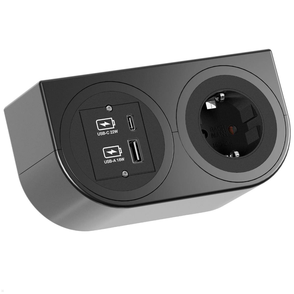BACHMANN PIX HOLDER DOUBLE, 1x CEE7/3, 1x USB A/C, CEE7/7, schwarz, 2 m