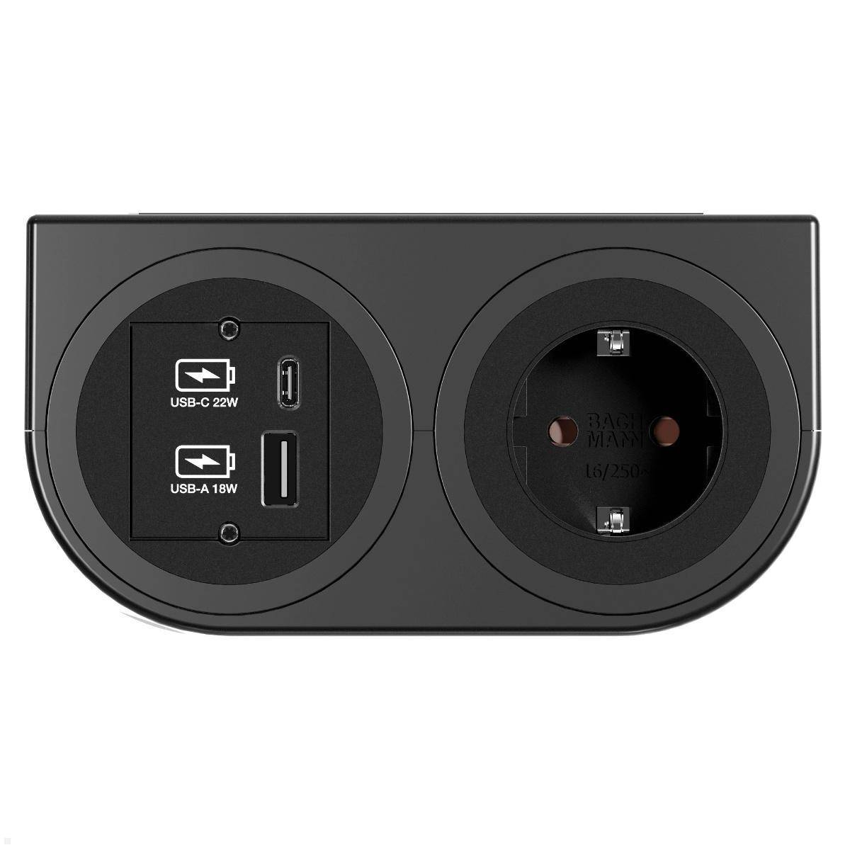 BACHMANN PIX HOLDER DOUBLE, 1x CEE7/3, 1x USB A/C, CEE7/7, schwarz, 2 m