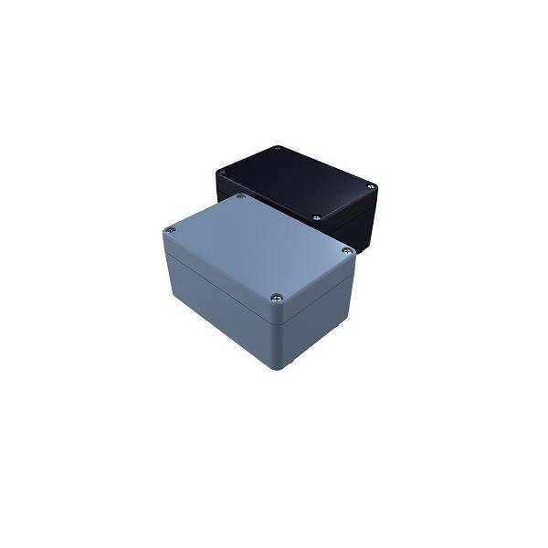 Zwei kleine rechteckige elektronische Projektgehäuse, eines grau vorne und eines schwarz dahinter, auf weißem Hintergrund dargestellt.