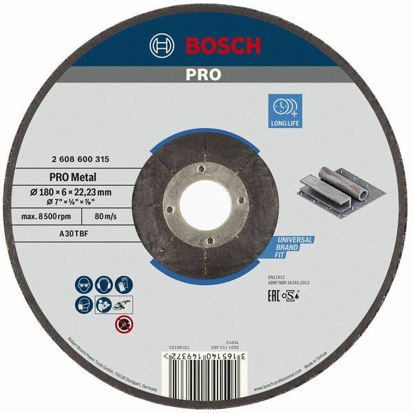 Bosch Pro Metalltrennscheibe mit Kennzeichnung Größe Ø180 x 6 x 22,23 mm, max. 8500 U/min, für universelle Metallmontage.