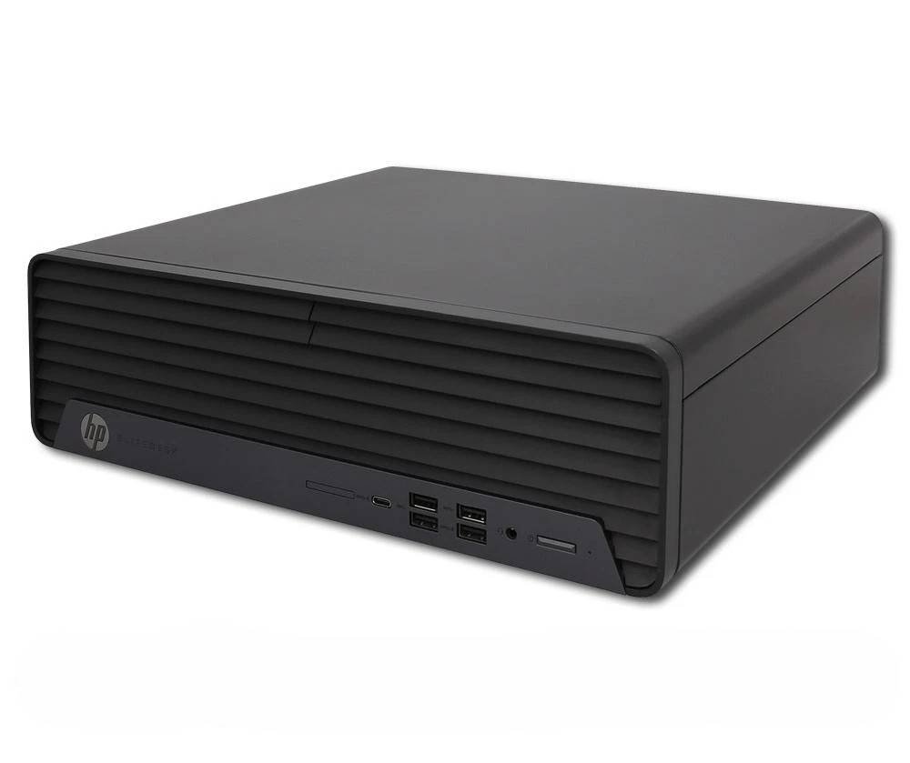 Schwarzes HP-Desktop-Computergehäuse mit frontalem Belüftungsgitter und USB-Anschlüssen