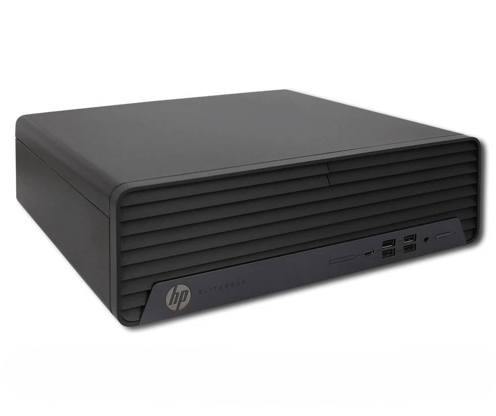 Schwarzer HP-Desktop-Computer-Tower mit vorderer Lüftungsgitter und USB-Anschlüssen, gezeigt auf weißem Hintergrund.
