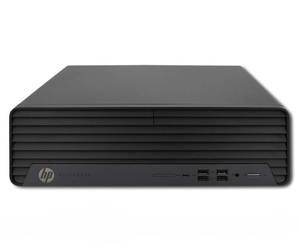 Vorderansicht eines HP EliteDesk Desktop-Computers mit einer dunkelgrauen belüfteten Frontblende und vorderen USB- und Audioanschlüssen.