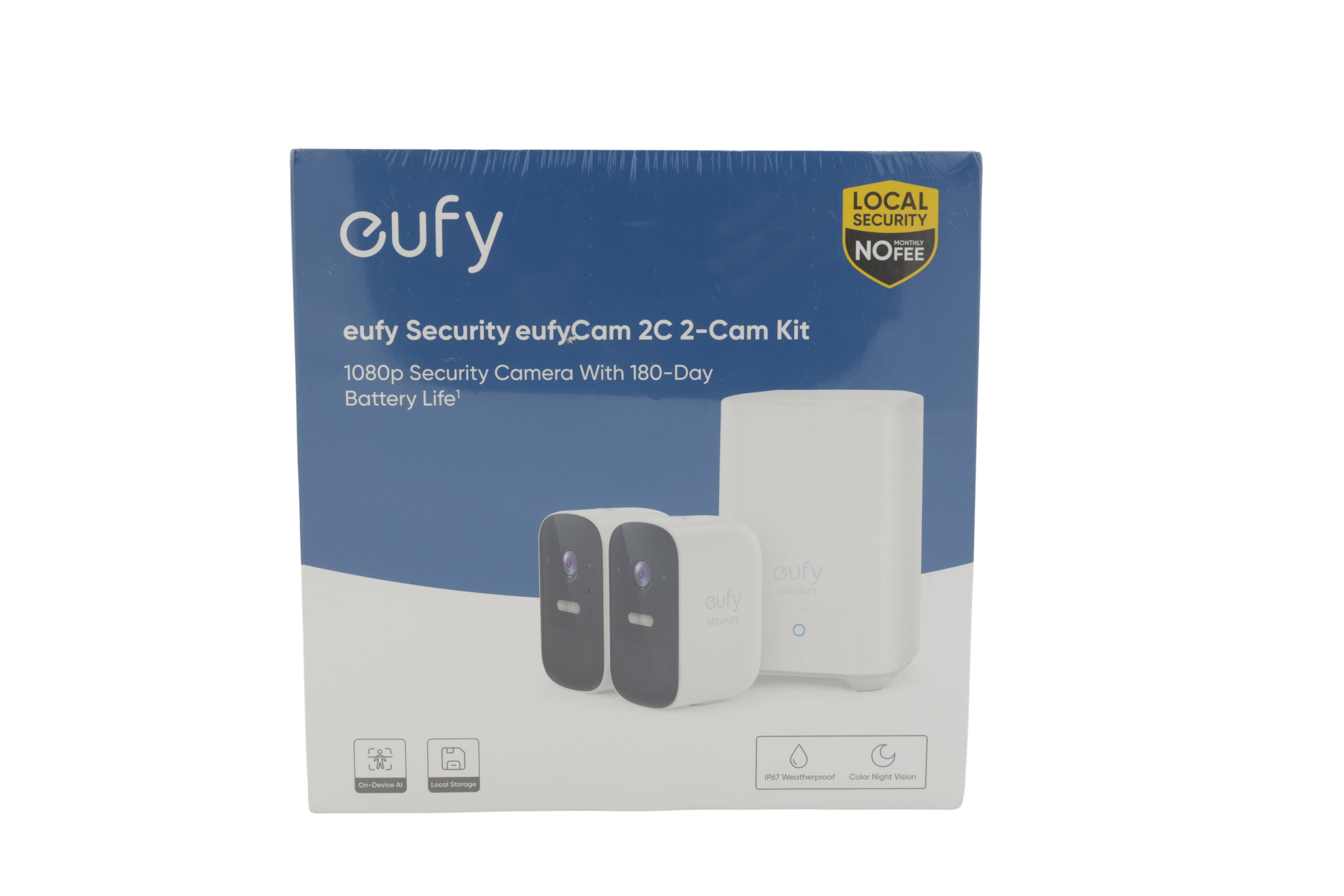 Packung des eufy Security eufyCam 2C 2er-Kamera-Sets, ein 1080p-Sicherheitskamerasystem mit 180 Tagen Akkulaufzeit und lokaler Speicherung von Sicherheitsaufnahmen.