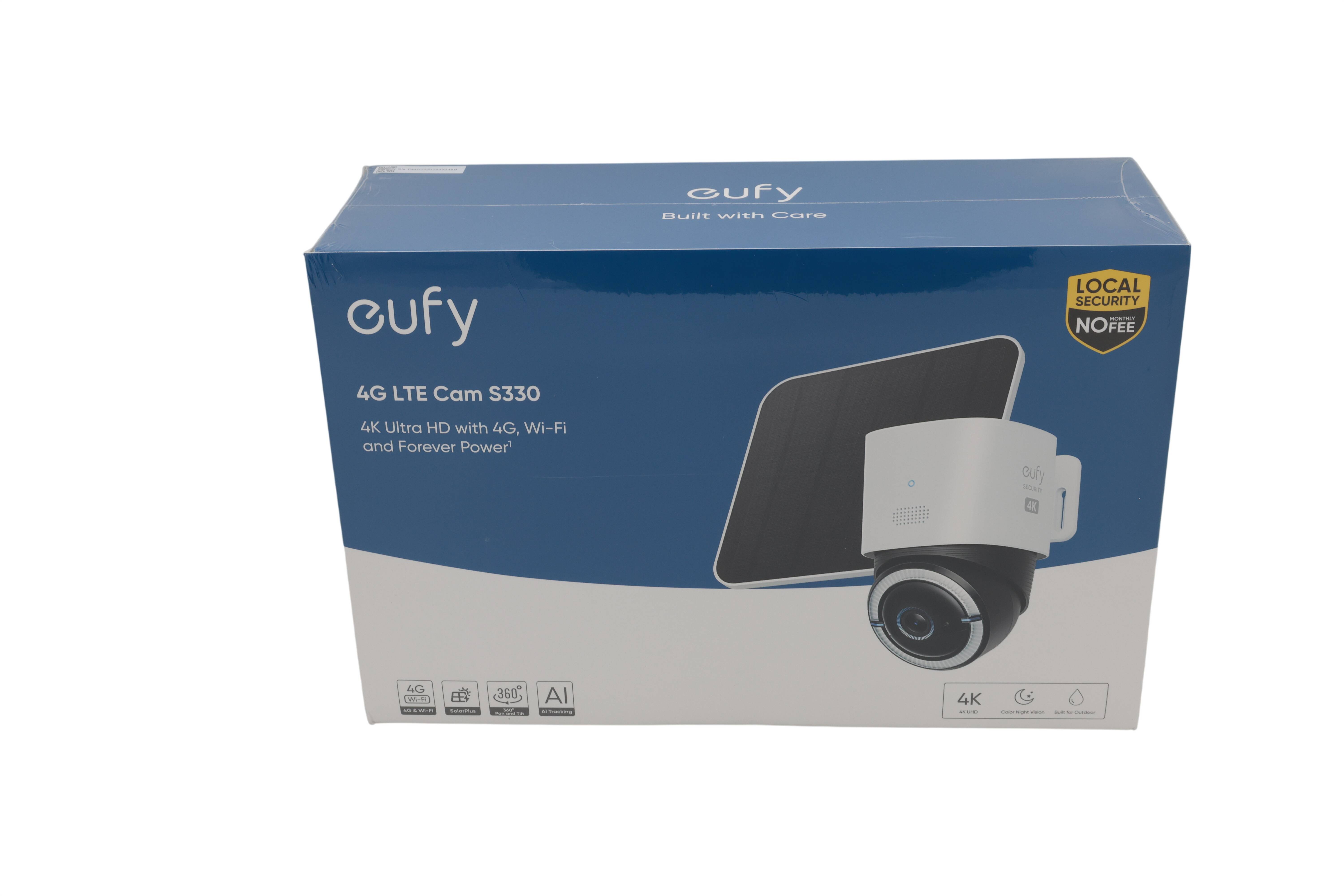 Eufy 4G LTE Cam S330 Sicherheitskamera Box mit Kamerabild und Produktname auf blau-weißer Verpackung.