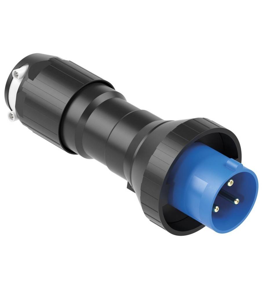 Schwarzes Industrie-Stromkabel mit blauem dreipoligem Stecker auf weißem Hintergrund.