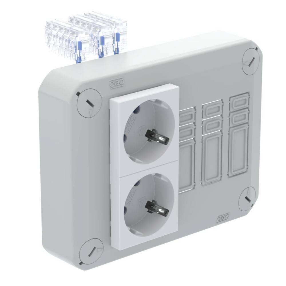 Zweifach-Steckdose mit Ethernet-Anschluss, dargestellt in einer grauen Montagedose mit modularen Blindplatten.
