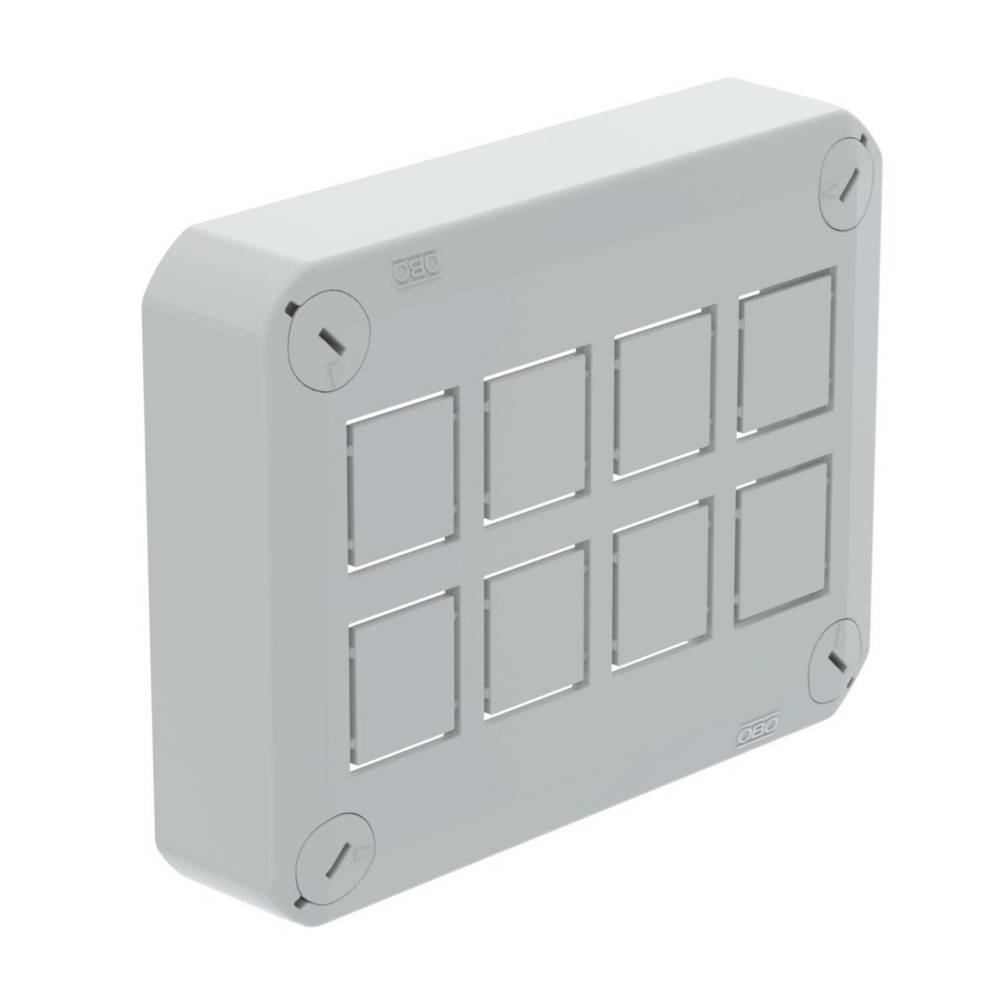 Graue elektrische Wandabzweigkastenbekleidung mit acht rechteckigen Öffnungen und vier Eckschrauben auf weißem Hintergrund.