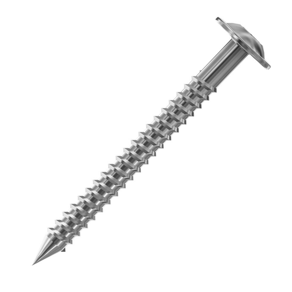 Metallschraube mit scharfer Spitze und flachem Kopf, diagonal auf weißem Hintergrund dargestellt.