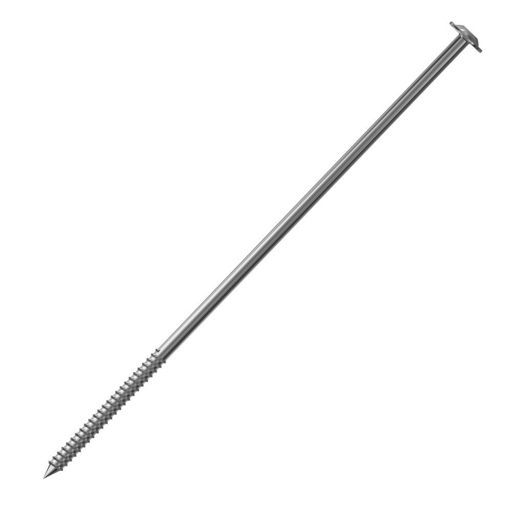 Langer Metallnagel oder Schraube mit spitzer Spitze und Gewindelbereich, diagonal auf einem schlichten weißen Hintergrund dargestellt.