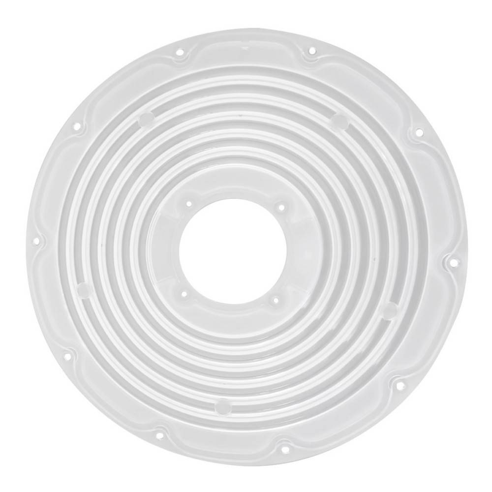 Transparenter runder Kunststoffdeckel mit konzentrischen erhabenen Ringen und einem zentralen Loch, von oben auf weißem Hintergrund betrachtet.