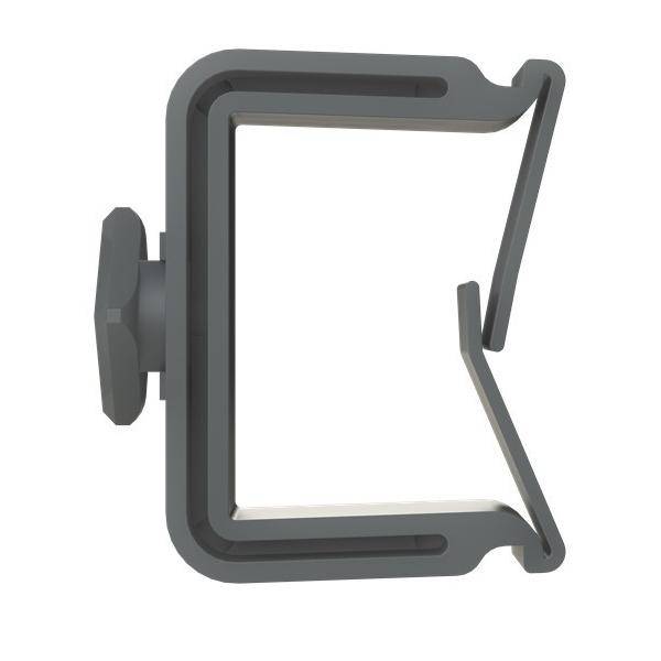 3D-Illustration einer grauen wandmontierten Klammer oder Halterung mit offener Frontnut, dargestellt auf einem einfachen weißen Hintergrund.