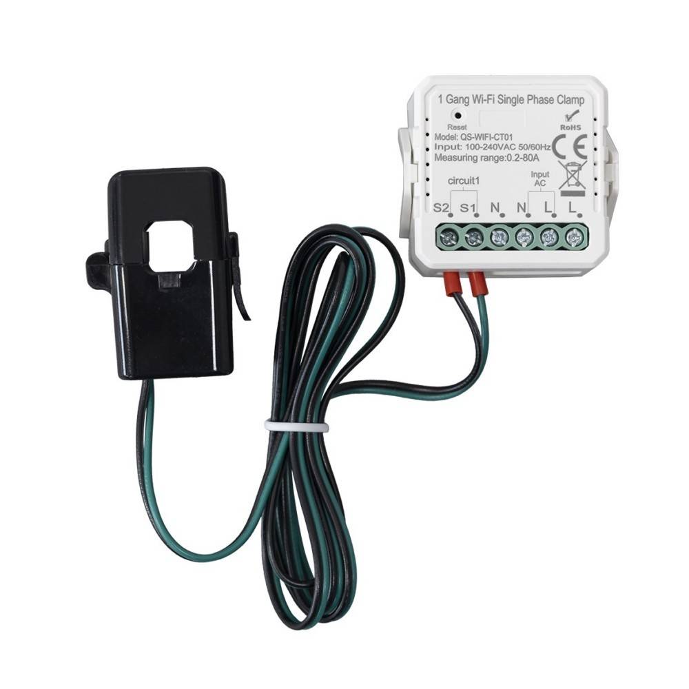 Wi‑Fi Einphasen-Zangenenergiezähler mit Spaltkernsensor und verdrahttem Sensormodul auf weißem Hintergrund.