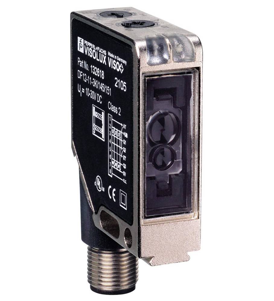 Industrieller photoelektrischer Sensor mit Gewinde-Metallbasis und schwarzem Gehäuse, gekennzeichnet mit VISOLUX VISO, dargestellt auf weißem Hintergrund.