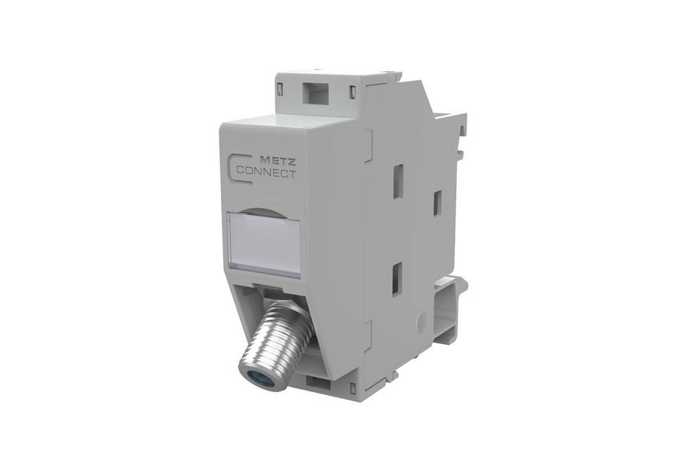 Grauer METZ CONNECT modularer Industriestecker mit metallisiertem Gewindelochanschluss, gezeigt auf weißem Hintergrund.
