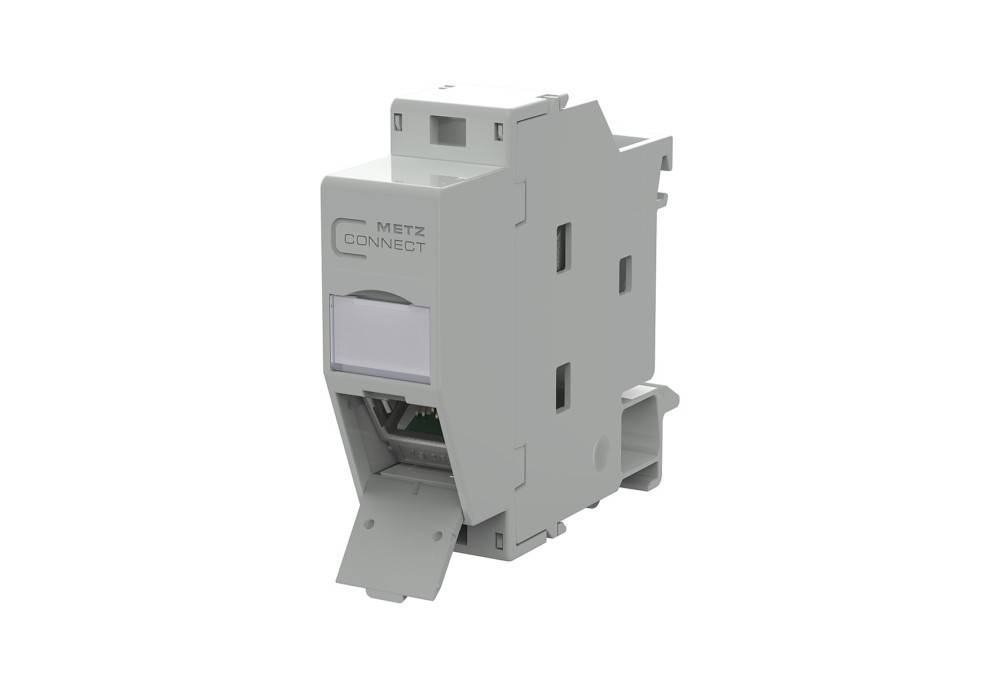 Graues Metz Connect Elektromodul mit aufklappbarer Frontblende und sichtbarer Steckverbinderöffnung, isoliert auf weißem Hintergrund dargestellt.