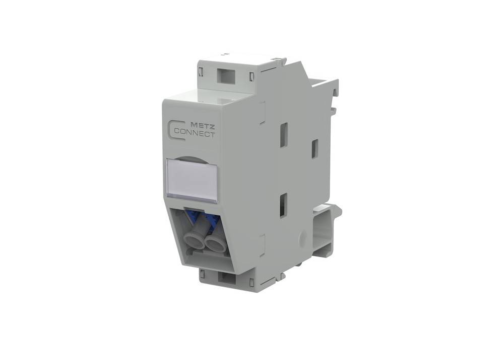 Graues DIN-Schienen-Elektrosteckmodul mit der Bezeichnung „M12 CONNECT