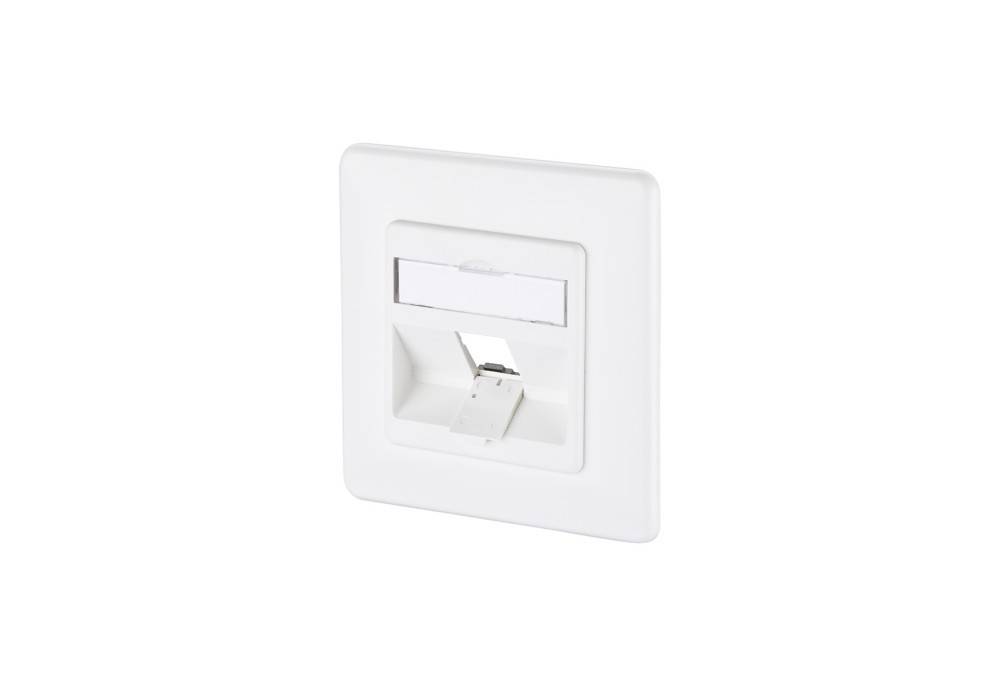 Weiße Wandplatte mit einem einzelnen Ethernet-Netzwerkanschluss und kleiner klappbarer Abdeckung auf einfachem Hintergrund.