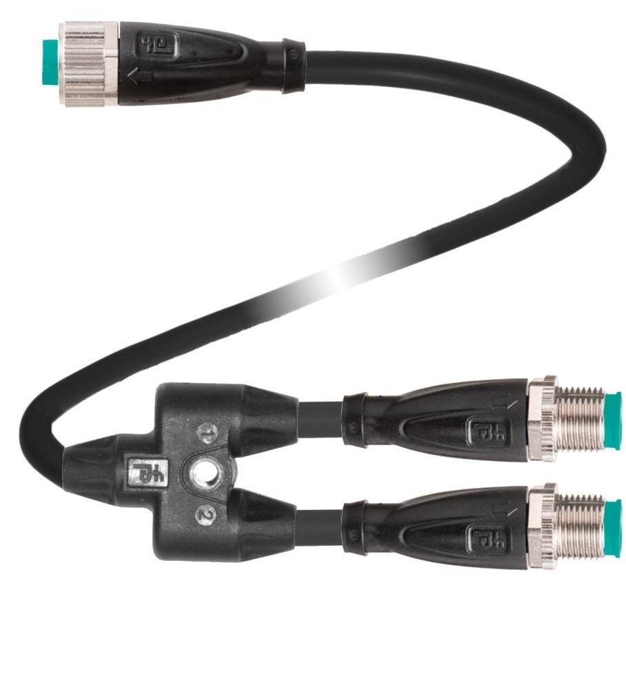 Schwarzes Y-Kabel-Adapter mit einem männlichen Anschluss, der sich auf zwei weibliche Anschlüsse auf weißem Hintergrund aufteilt.
