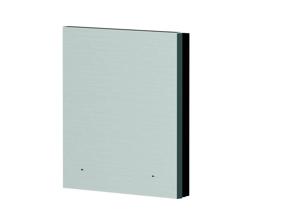 Ein an der Wand montiertes Elektrogehäuse mit gebürsteter Metalloberfläche, einer schlichten Frontplatte und zwei kleinen Schraubpunkten in der Nähe des unteren Endes.