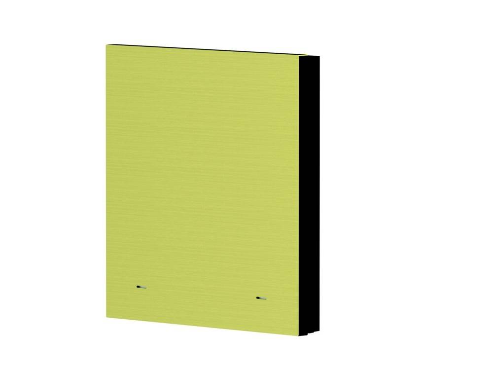 Ein grünes Hardcover-Notizbuch oder -Ordner in Limonengr ün, geschlossen gezeigt, mit schwarzem Rücken und zwei kleinen Markierungen in der Nähe des unteren Randes.