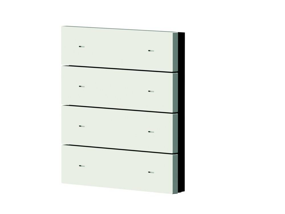 Ein moderner wandmontierter Schrank mit vier gestapelten Frontpaneelen und kleinen Griffaussparungen, dargestellt in minimalem Weiß-Schwarz-Design.