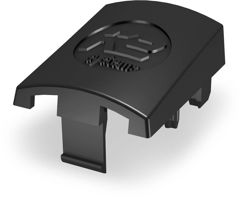 Schwarzes Kunststoff-Verbindungsgehäuse mit geprägtems Logo, in 3D auf weißem Hintergrund dargestellt.