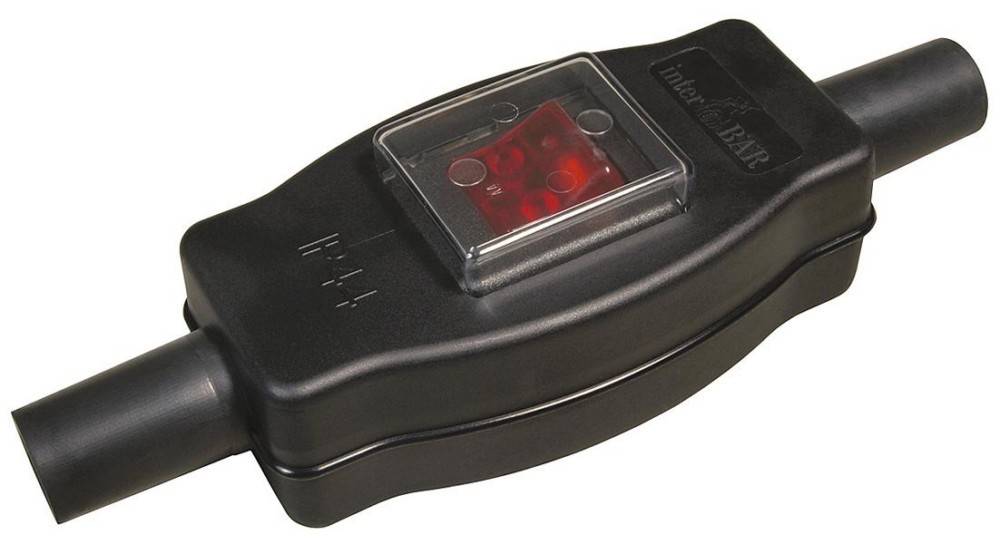 Schwarze Inline-Elektrokomponente mit zwei Kabelenden und einem roten Anzeigefen ster, dargestellt auf weißem Hintergrund.