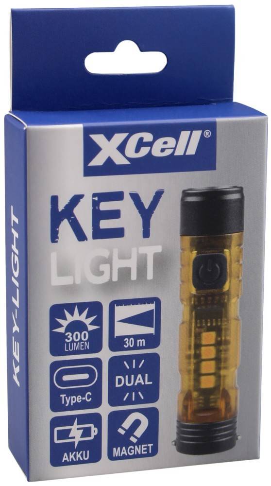 XCell Schlüssellicht Taschenlampe Verpackung mit einer durchscheinenden gelben Taschenlampe und Funktionssymbolen: 300 Lumen, 30 m, Type-C, Dual, Batterie, Magnet.