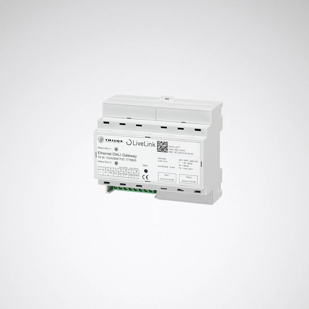 Weißes Ethernet-/RS485-Gateway-Modul mit der Bezeichnung „LiveLink