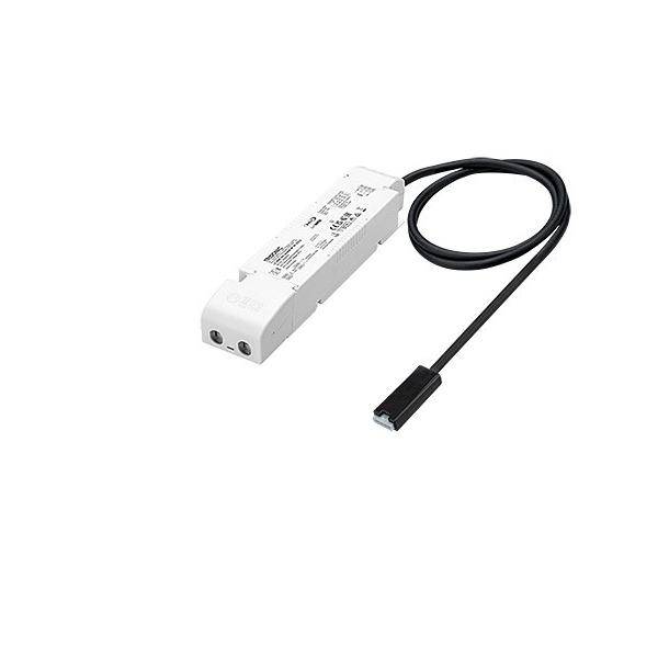 Weißes rechteckiges LED-Treiber-Netzteil mit angeschlossenem schwarzem Kabel und Stecker, dargestellt vor einfachem Hintergrund.