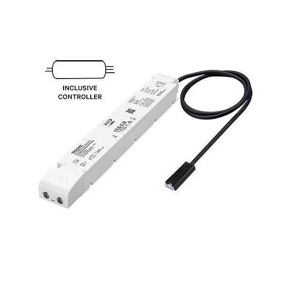 Weißes Inline-LED-Controller-Modul mit angeschlossenem schwarzem Kabel und Stecker, beschriftet mit „INCLUSIVE CONTROLLER