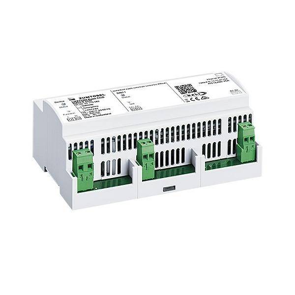 Weißes industrielles elektronisches Steuermodul mit Belüftungsschlitzen und drei grünen Anschlussblöcken