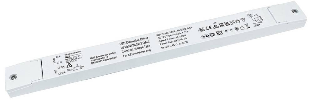 Ein weißes LED-Treibermodul mit gedruckten technischen Spezifikationen und Zertifizierungssymbolen auf seinem Etikett.