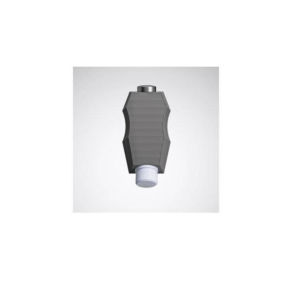 Grauer zylindrischer mechanischer Stecker oder Sensor mit Gewinde-Enden, zentriert auf weißem Hintergrund dargestellt.