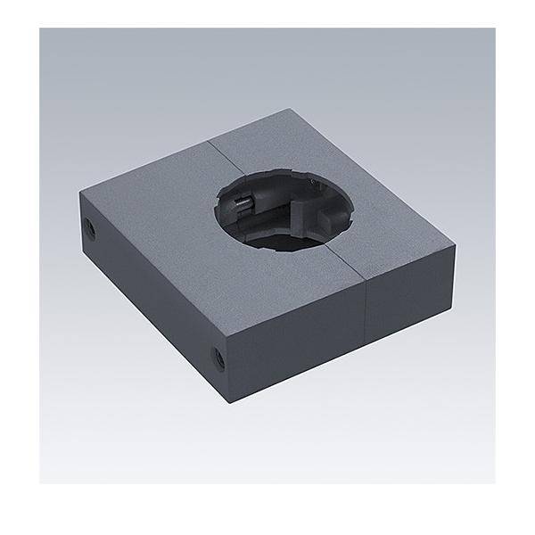 Grauer rechteckiger Metallblock mit zentralem kreisförmigem Ausschnitt und seitlichen Löchern, dargestellt in einer produktgestalteten Visualisierung auf einem einfachen hellen Hintergrund.
