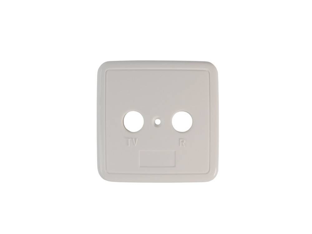 Beige Wandplatte mit zwei runden Kabelöffnungen mit der Bezeichnung TV und R sowie einem kleinen Mittelloch.
