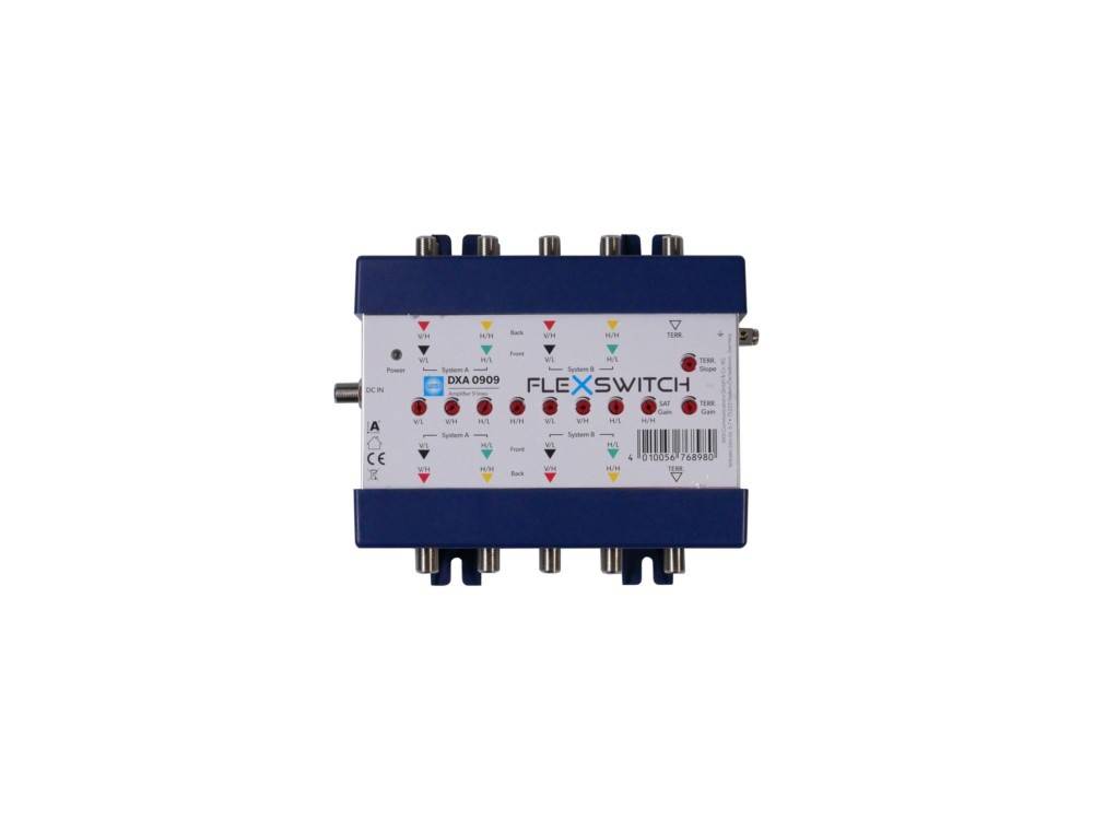 Ein kompakter FLEXSWITCH-Elektronik-Signalverteiler mit mehreren Koaxialsteckern und beschrifteten Anschlüssen auf weißem Hintergrund.